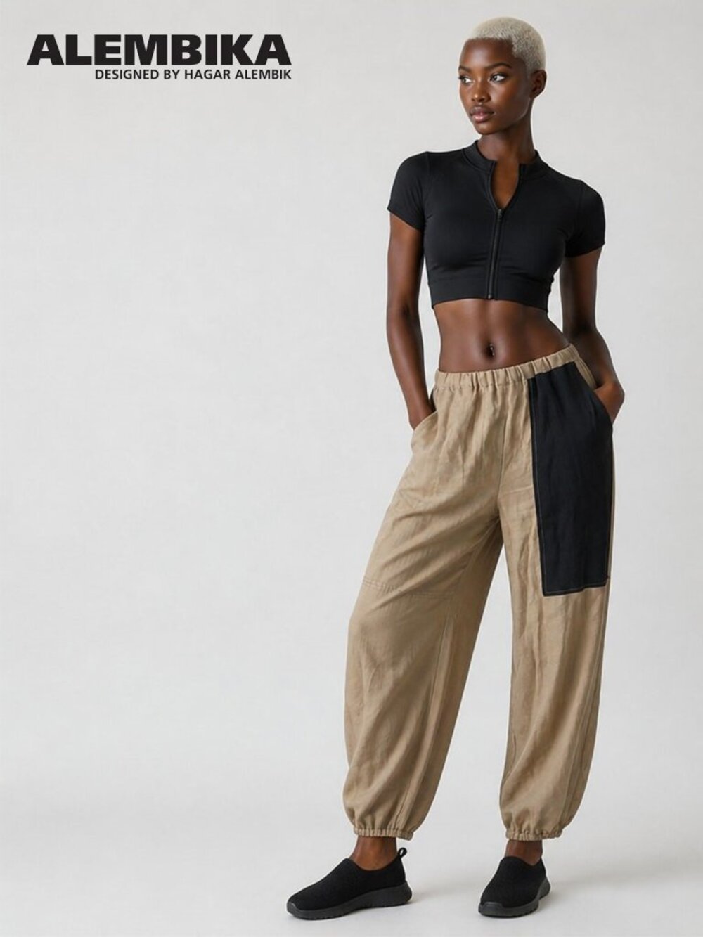 Tapered culotte-style (or jogger-inspired) slacks by Alembika, designed by Hagar